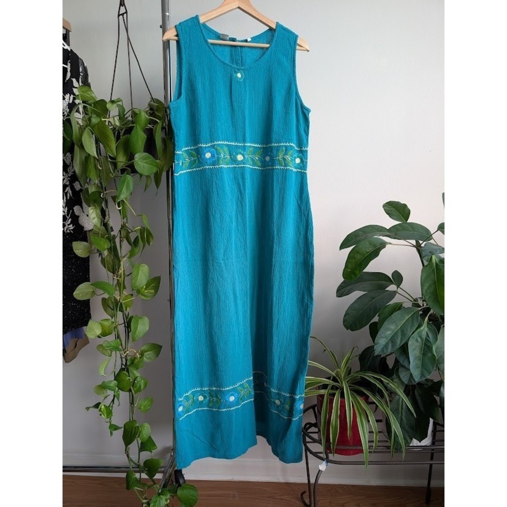 Blue Floral maxi Dress L vintage Y2K Embroidered boho 100% cotton turquoise